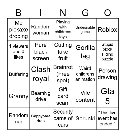Youtube Live Bingo Card