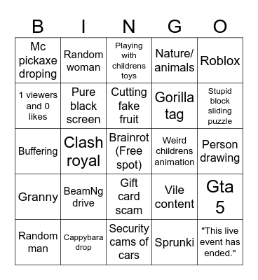 Youtube Live Bingo Card