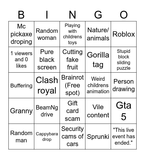 Youtube Live Bingo Card