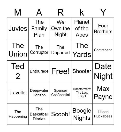 Mark Wahlberg Bingo Card