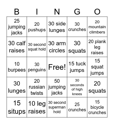 Fitness Bingo Card