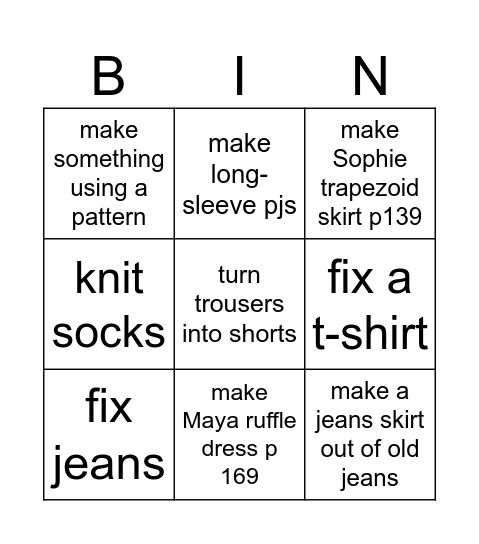sewing bingo Card