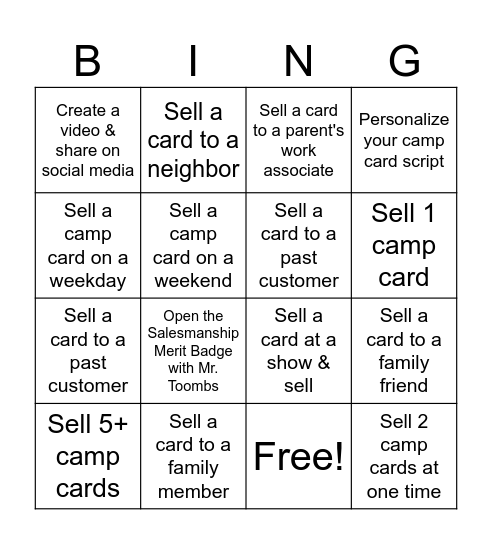 Camp Card Bingo Card