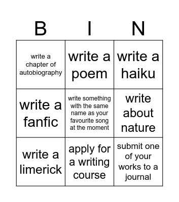 writing bingo Card