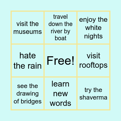 City activities Bingo Card