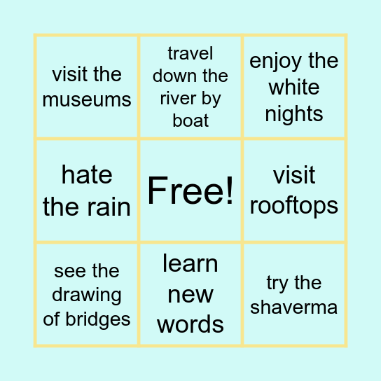 City activities Bingo Card