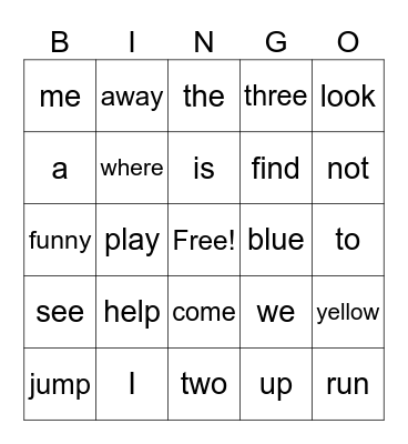 Dolch Pre-Primer 1 Bingo Card