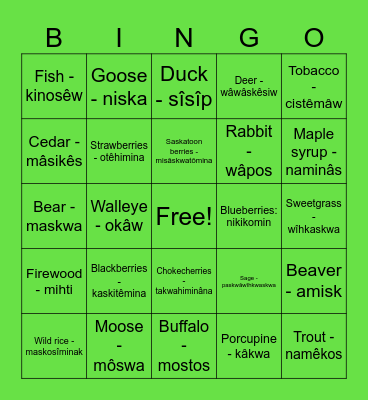 Traditional Indigenous Food Bingo Card