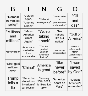 Trump Inaugural speech bingo Card
