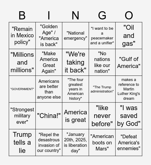 Trump Inaugural speech bingo Card