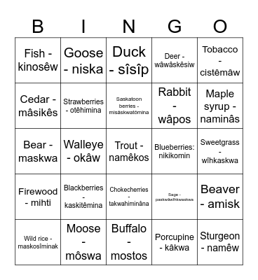 Traditional Indigenous Foods Bingo Card