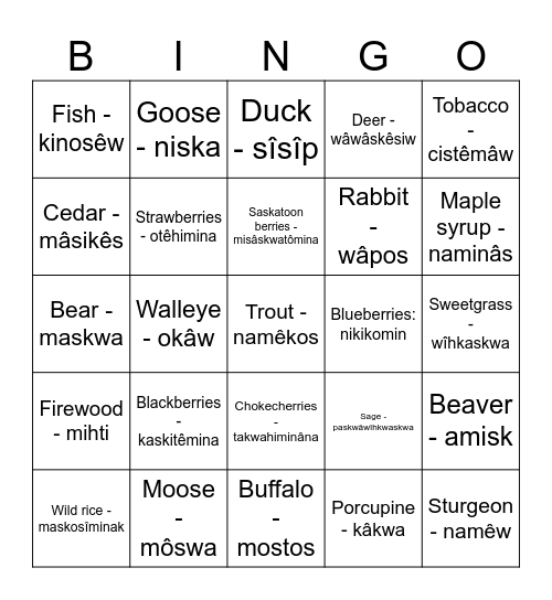 Traditional Indigenous Foods Bingo Card