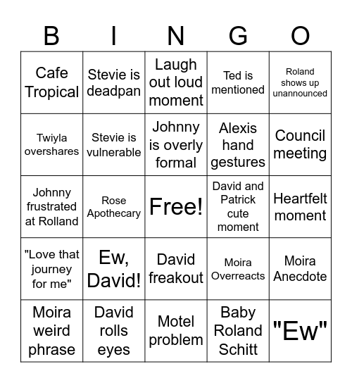 Schitts Creek Bingo Card