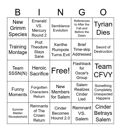 RWBY Volume 10 Bingo Card