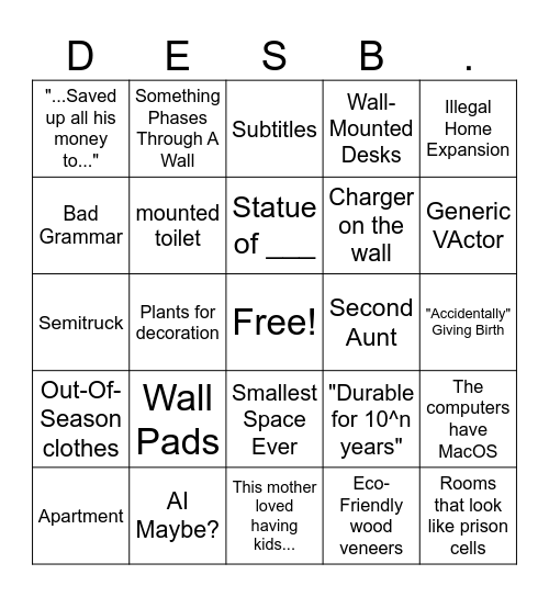 Home Design Bingo Card