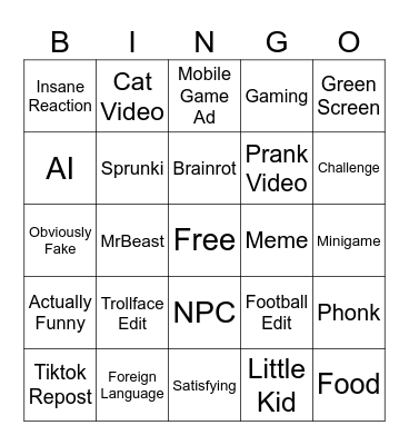 YT Shorts Bingo Card
