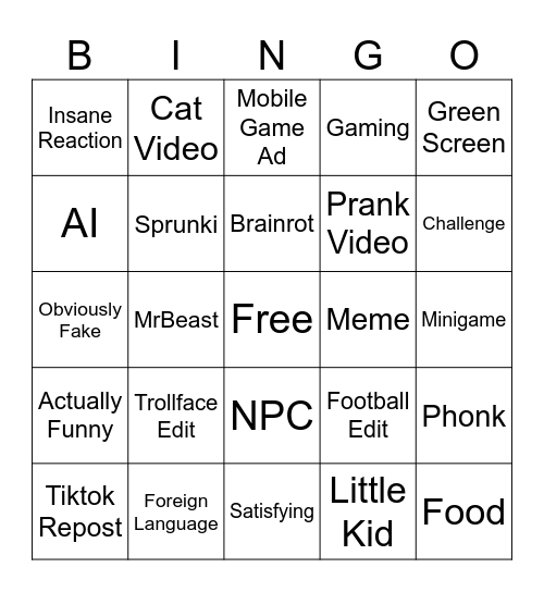 YT Shorts Bingo Card