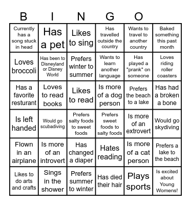 Young Women Get to Know You Bingo Card