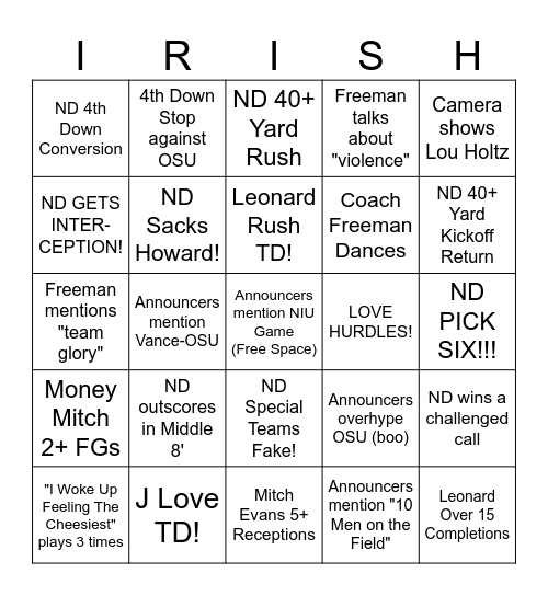 Notre Dame v. OSU Bingo Card