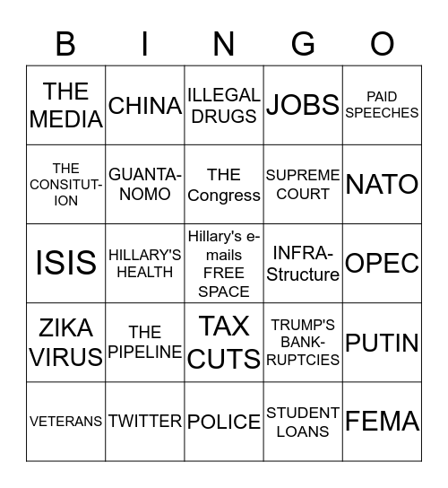 DEBATE BINGO 9/26/16 Bingo Card