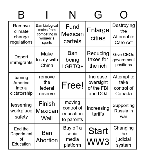 Donald Trump Actions Bingo Card