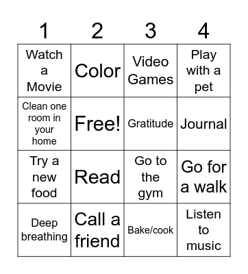 Coping Skills Bingo Card