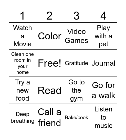 Coping Skills Bingo Card