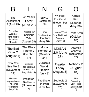 Movie Sequels Coming in 2025 Bingo Card