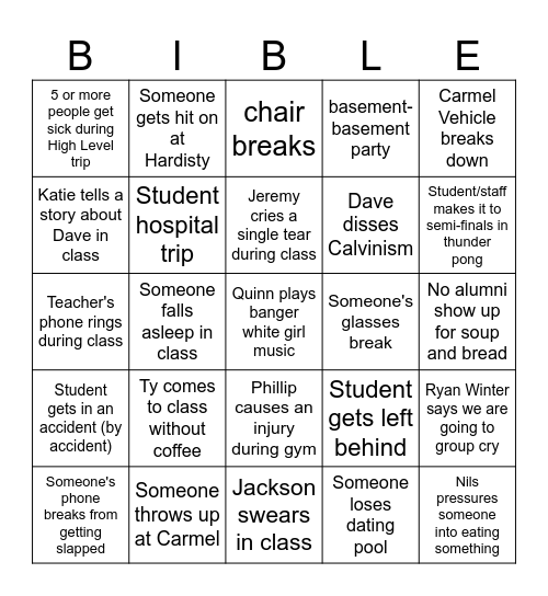 Mount Carmel Winter Semester 2025 Bingo Card