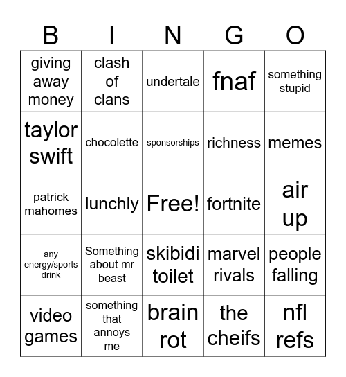 youtube bingo Card