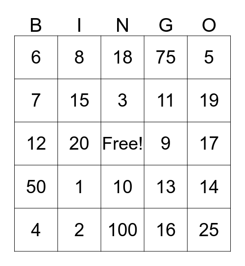 Using Numbers Bingo Card