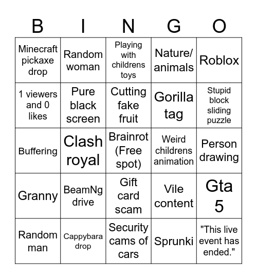 Youtube Live Bingo Card