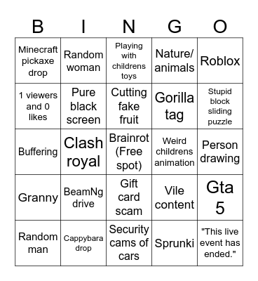 Youtube Live Bingo Card