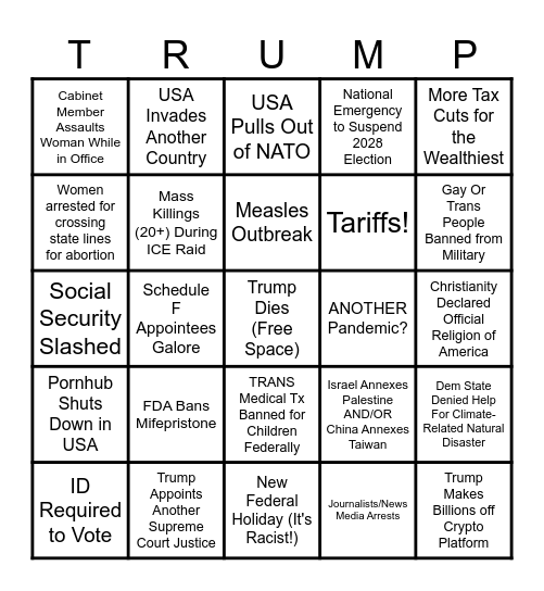 Trump's Second Term Dystopia Bingo Card