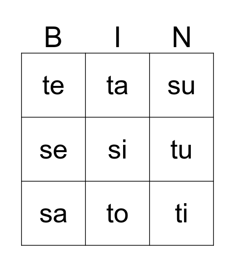 Sílabas con t y s Bingo Card