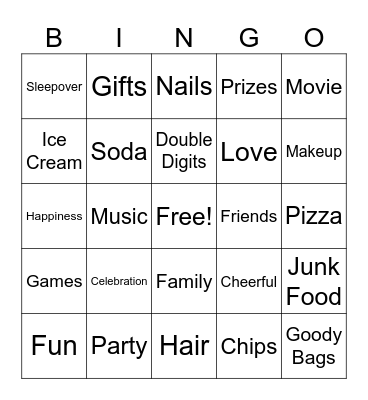 Lucy's 10th Birthday Sleepover Bingo Card