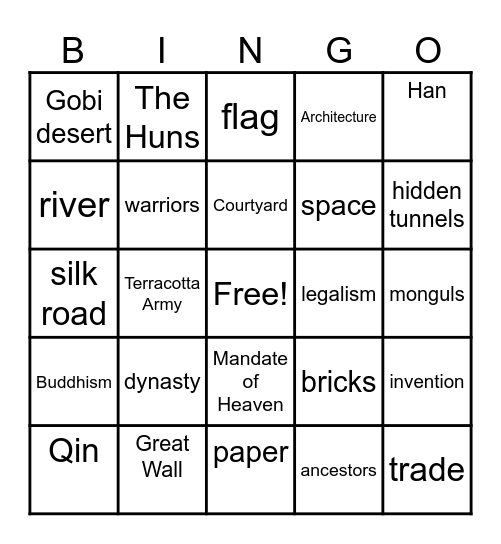 Ancient China Documentary Bingo Card
