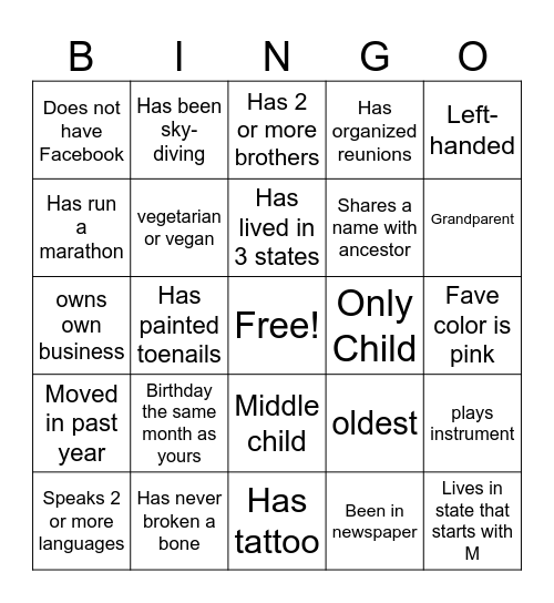 Untitled BingoFamily Reunion Bingo Card