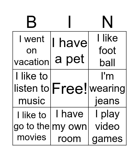 All About Me Bingo Card