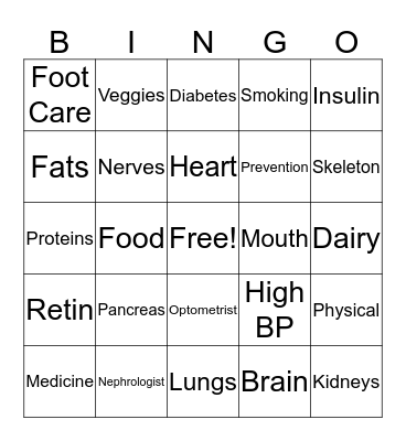 Diabetes Bingo Card