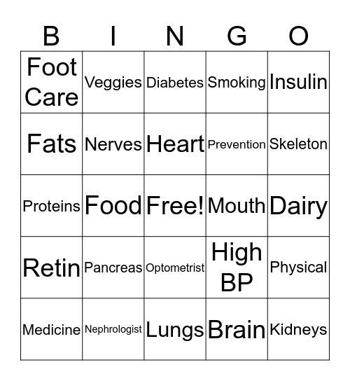 Diabetes Bingo Card