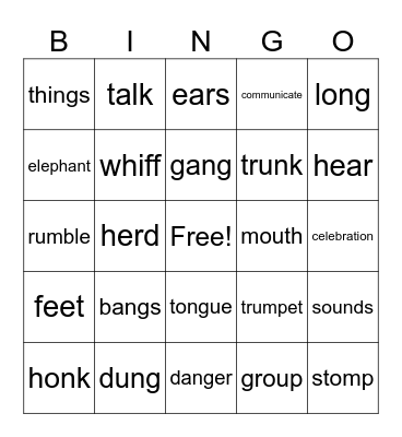 Elephant Talk Bingo Card