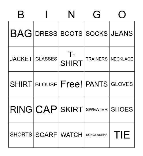 My Favorite Thing to Wear Bingo Card