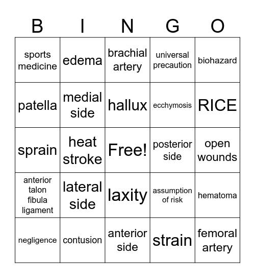Introduction to Sports Medicine Review Bingo Card