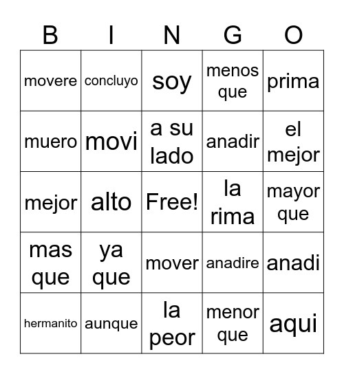 Chapter 19 Spanish for children primer B Bingo Card