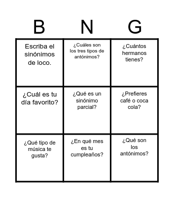 Repaso de sinónimos y antónimos Bingo Card