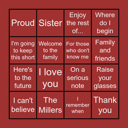 The Millers Bingo Card