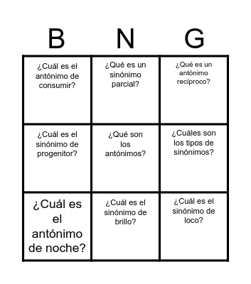 Repaso sinónimos y antónimos Bingo Card