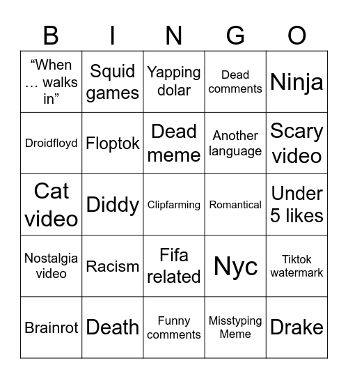 Instagram reels bingo Card