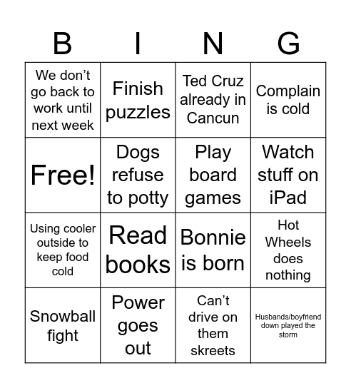 Winter Storm Bingo Card